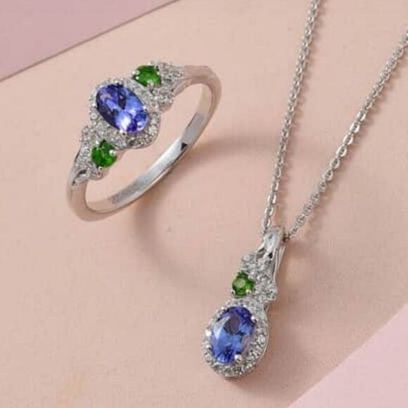 AAA Tanzanite & Multi Gemstone Halo Ring & Pendant Necklace - Picture 9 of 16